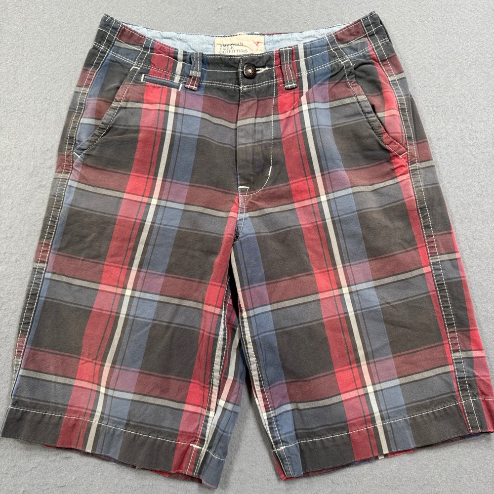 American Eagle Shorts‎ Men's 31 Red Plaid Longer Length Relaxed Fit Workwear Y2K